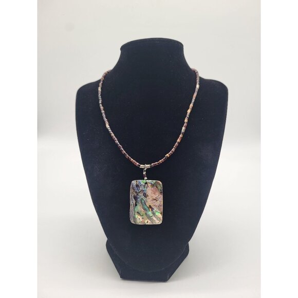 unbranded Jewelry - Shell Heishi Beaded Necklace with Rectangle Abalone Pendant 925 Clasp Beachy